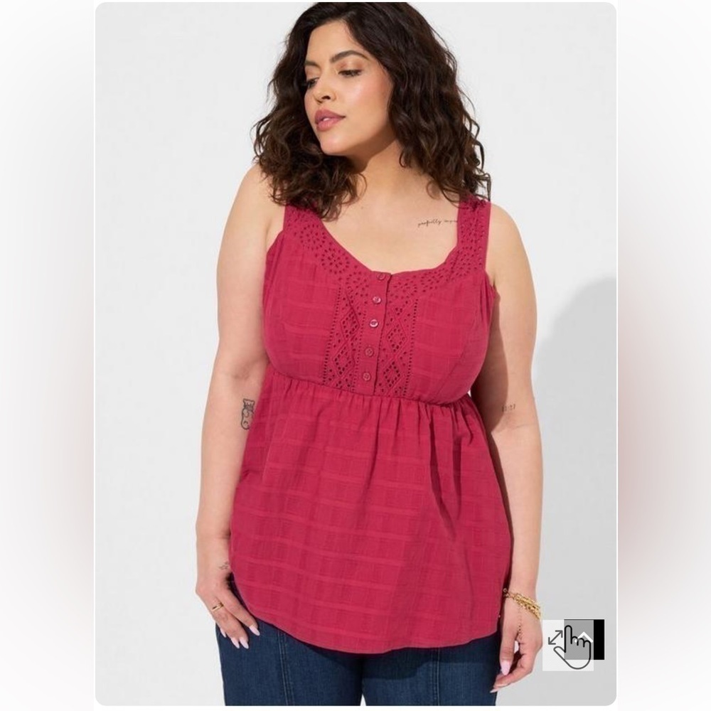 Torrid Babydoll Cotton Window Pane Button Front Tank in Red Bud